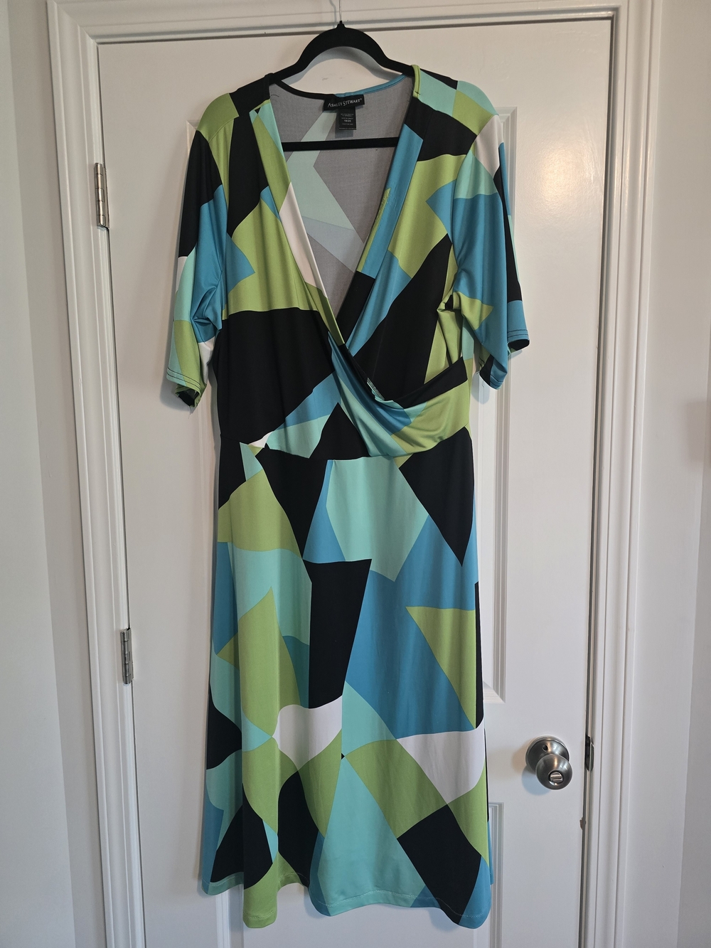 Ashley Stewart Blue, Green & Black Geometric Wrap Midi Dress